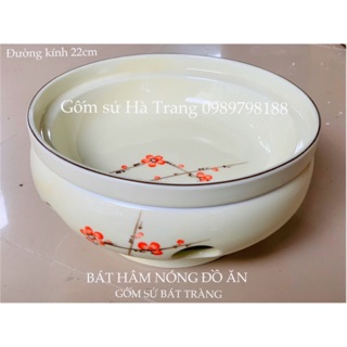 Bát hâm nóng đồ ăn gốm sứ Bát Tràng cao cấp không chì vẽ hoạ tiết đào đỏ