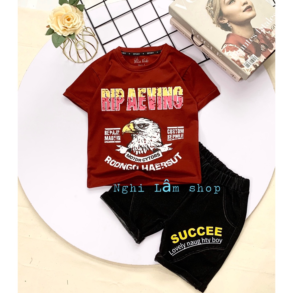 Set bộ đồ bé trai áo thun cotton 100% quần thun cotton giả jean hình chim Ưng cho bé từ 10-38kg