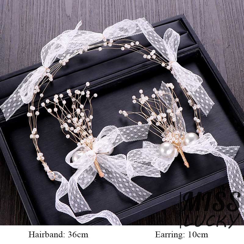 Set cài tóc + đôi bông tai dáng dài thắt nơ đính ngọc trai giả xinh xắn cho nữ