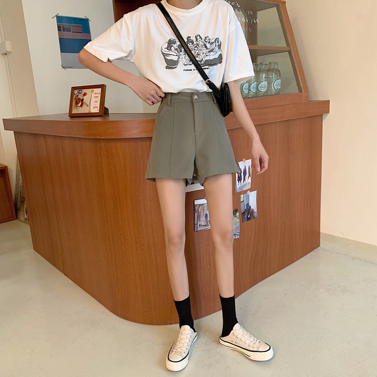 Quần Short nữ Lưng cao Ống rộng Ulzzang Hàn Quốc Quần sooc đùi nữ Cạp cao Form rộng Thời trang