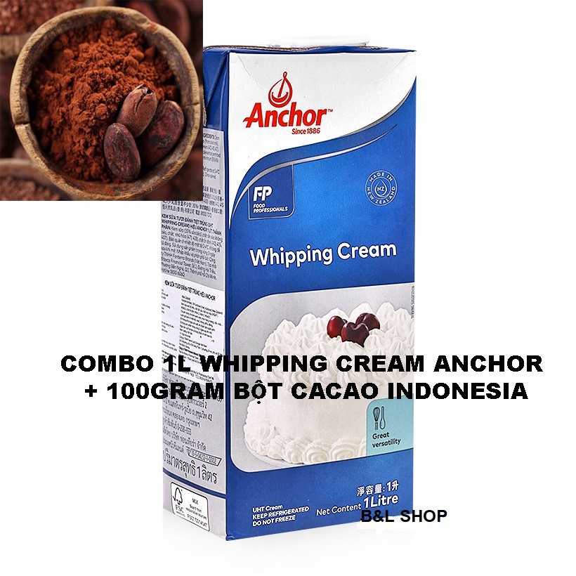 Combo 1 hộp Whipping cream Anchor+ 100gram bột cacao Indonesia