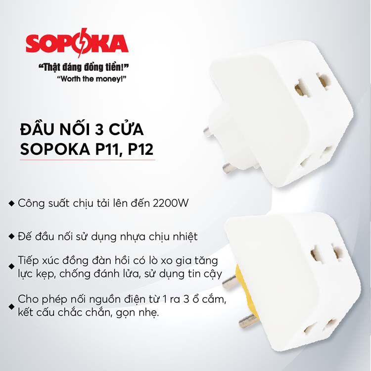 PHÍCH CẮM ĐIỆN 1 RA 3 LỖ/ ĐẦU NỐI CHIA ĐIỆN ĐA NĂNG 3 CỬA SOPOKA CHỊU TẢI 2200W