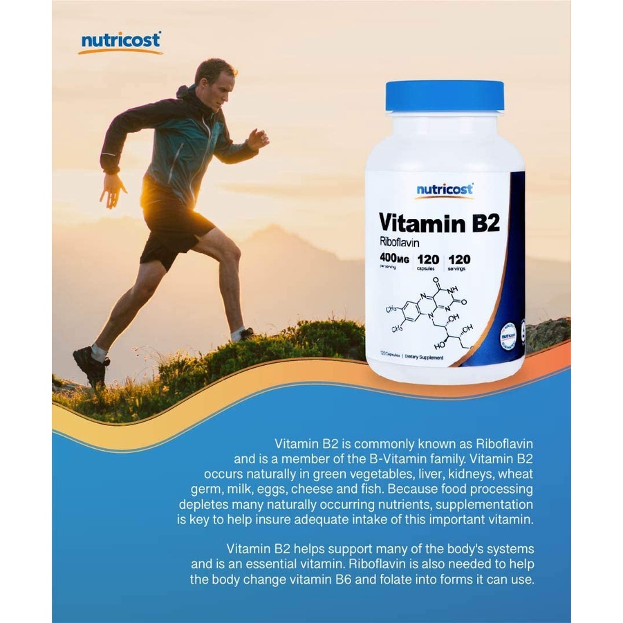 Nutricost Viên uống bổ sung vitamin B2 Riboflavin 400mg cung cấp năng lượng, giảm mệt mỏi 120 viên