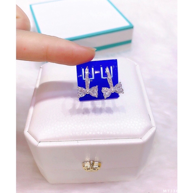 Bông tai nơ nạm đá bạc ta cho mẹ và bé,Khuyên tai bạc nữ chiếc nơ gắn đá-Minh Tâm Jewelry