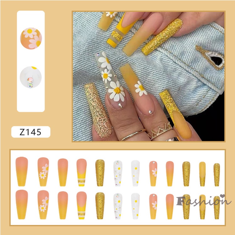 Set 24 Móng Tay Giả Họa Tiết Hoa Cúc Ngọt Ngào Có Thể Tháo Rời