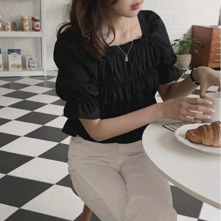 Áo Sơ Mi Tay Ngắn Cổ Vuông Màu Trơn Thời Trang Cho Nữ