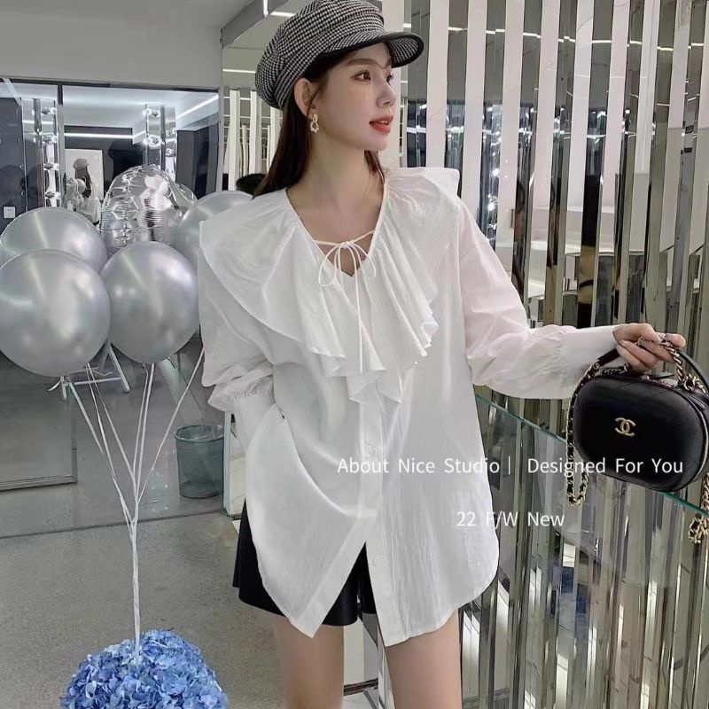 áo babydoll cổ v phối bèo tiểu thư hàn quốc