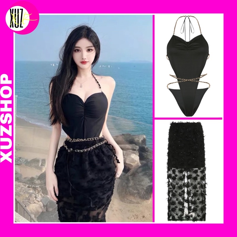 Set Cổ Yếm Đồ Bơi Dây Xích Hở Lưng Chân Váy Dài Freezia Song Jia