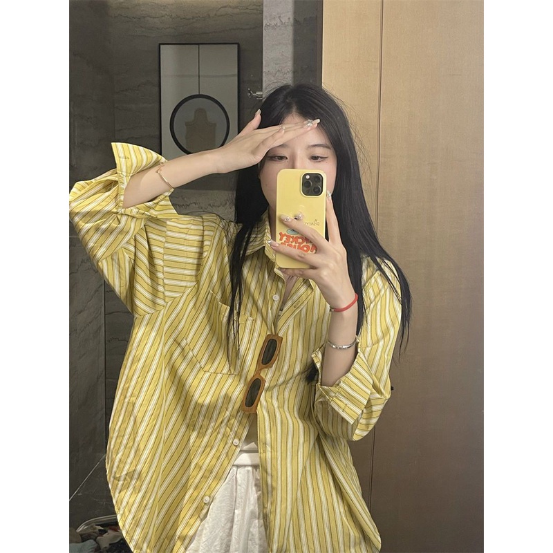 Áo Khoác Sơ Mi Cardigan Tay Dài Dáng Rộng Họa Tiết Kẻ Sọc Thiết Kế Mới Thời Trang Cho Nữ