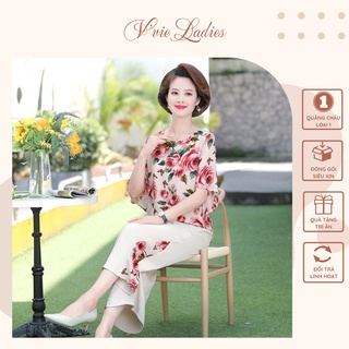 Đồ bộ trung niên nữ cho mẹ, Hàng Quảng Châu cao cấp, Bộ voan hoa hồng V'vie Ladies #B10