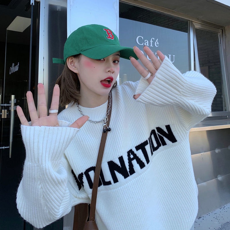 Áo Sweater dáng rộng dày phối chữ thời trang Hàn Quốc đơn giản