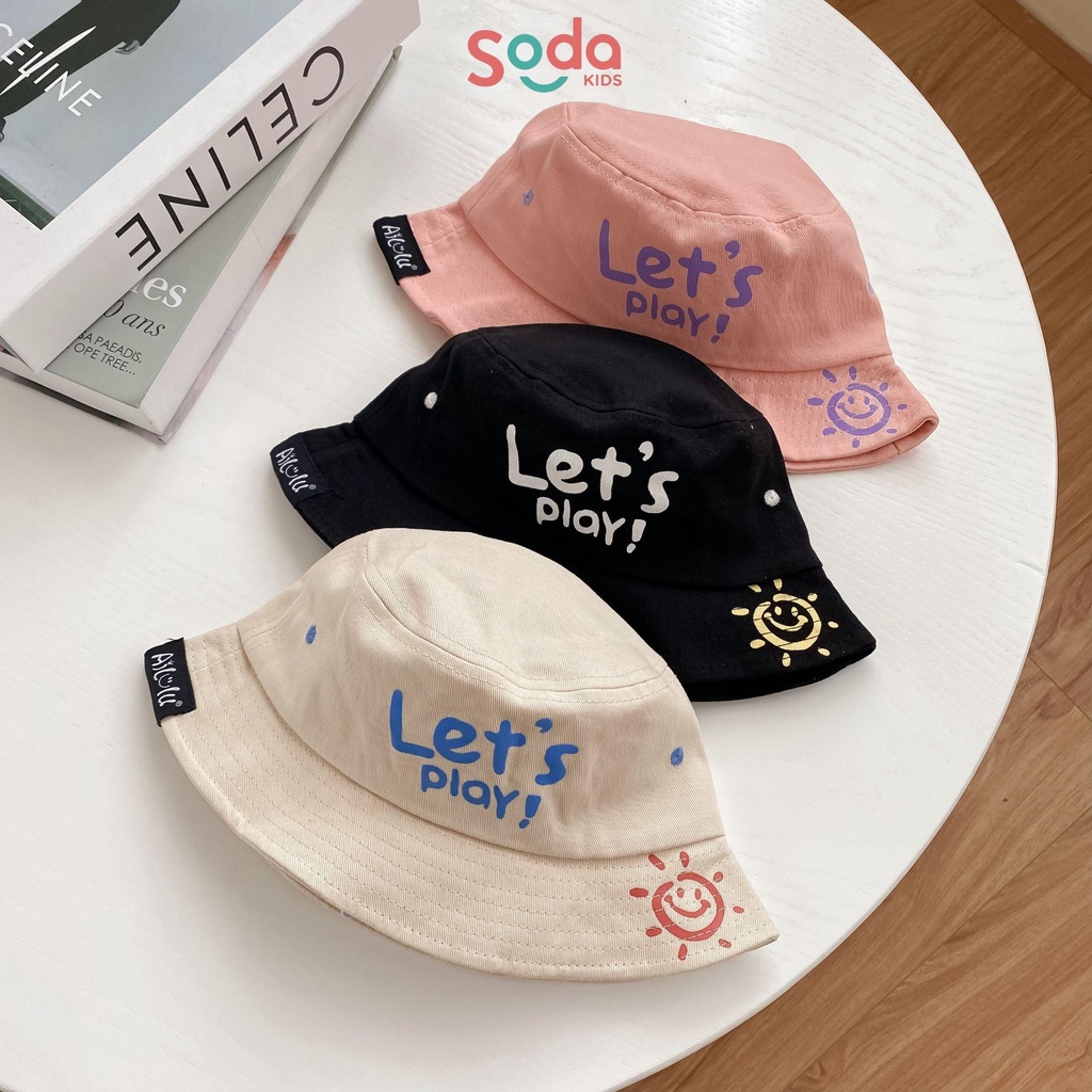 Mũ vành cho bé SODA KIDS let's play in hình mặt trời, chất liệu thô có quai chun (2 màu)