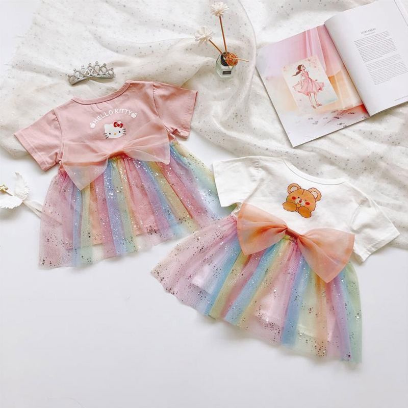 Áo Thun Tay Ngắn Phối Lưới Màu Hồng Gradient Thắt Nơ Dễ Thương Thời Trang Mùa Hè Cho Bé Gái