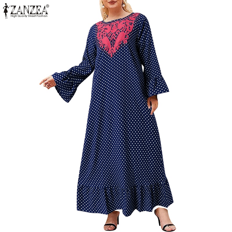 Đầm ZANZEA dài tay cổ tròn in chấm bi phối ren thời trang cổ điển cho nữ