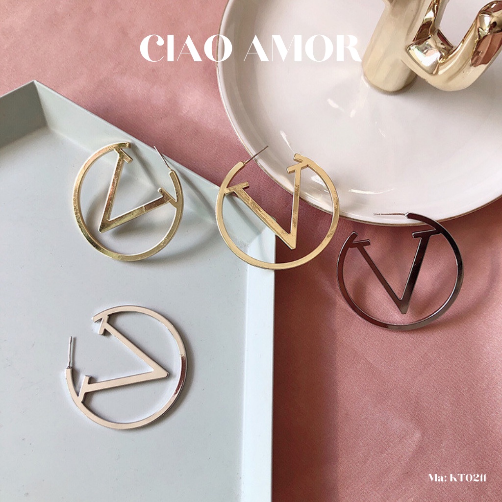 KT0211-Khuyên tai nữ, Hoa tai bạc 925 sang trọng tròn to chữ V Trang sức Ciao Amor