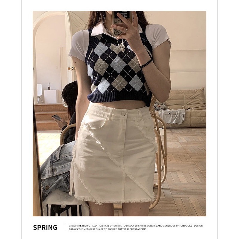 [Hàng đang về+ảnh thật] Set áo polo mix gile crotop kẻ caro phong cách highteen | BigBuy360 - bigbuy360.vn