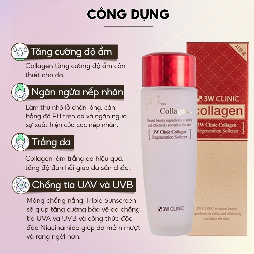 Nước hoa hồng dưỡng da săn chắc chống lão hóa Collagen 3W CLINIC Hàn Quốc 150ml giúp se nhỏ lỗ chân lông làm sạch da