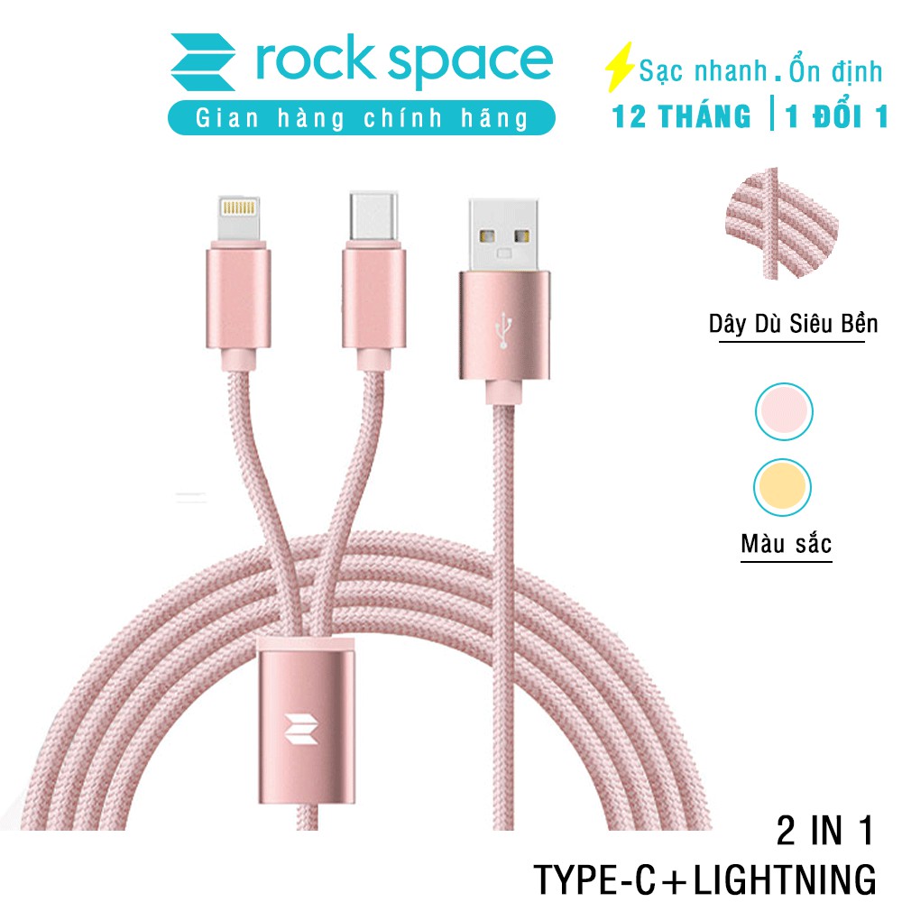 [Mã 2404EL10K giảm 10K đơn 20K] Cáp 2 cổng Lightning/USB-C Rock Space RCB0477 1.2m dây dù (Hồng)