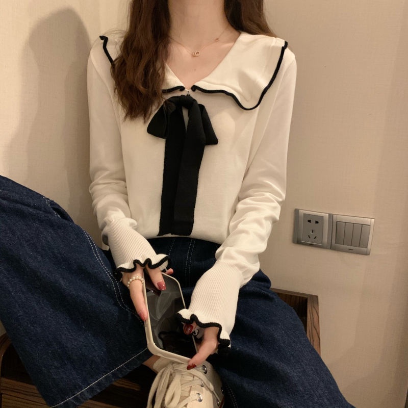 Áo Dệt Kim Nữ Tay Dài Cổ Búp Bê Đính Nơ Phong Cách Hàn Quốc