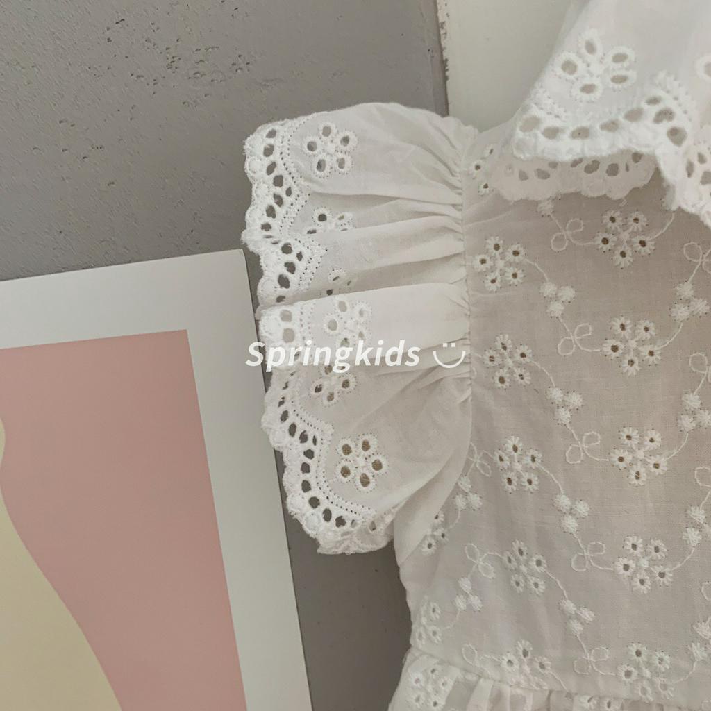 Set áo liền quần ngắn tay và nón có dây cột bằng cotton màu trơn cho bé gái