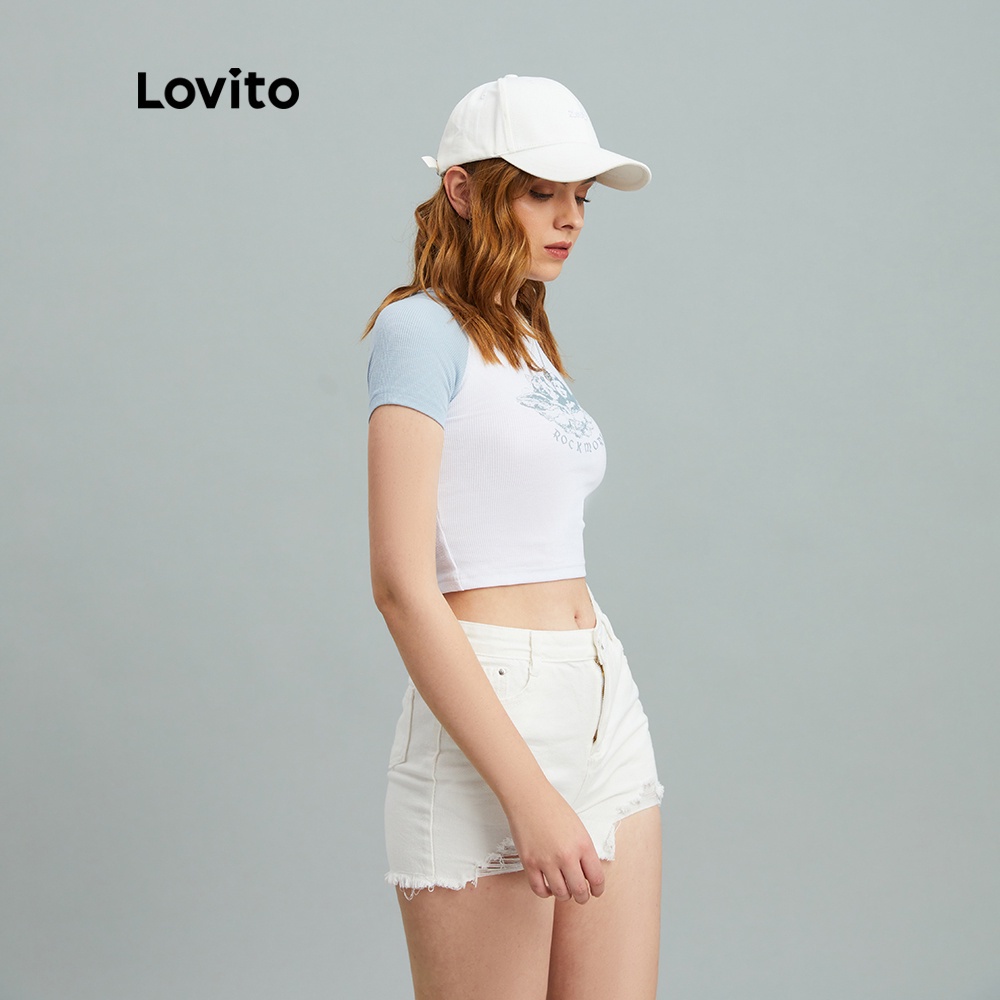 Áo thun Lovito dáng ngắn ghép nối màu sắc phong cách Preppy L10915 (Màu xám) | BigBuy360 - bigbuy360.vn