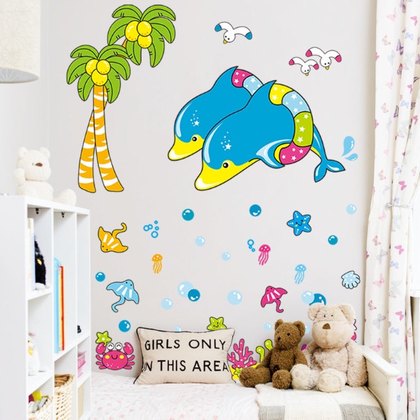 Decal trang trí tường - Cá heo xanh và những người bạn dưới đại dương
