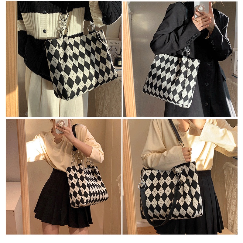 Dela Túi Xách tote canvas Sọc Caro Trắng Đen Sức Chứa Lớn Thời Trang Chất Lượng Cao Cho Nữ