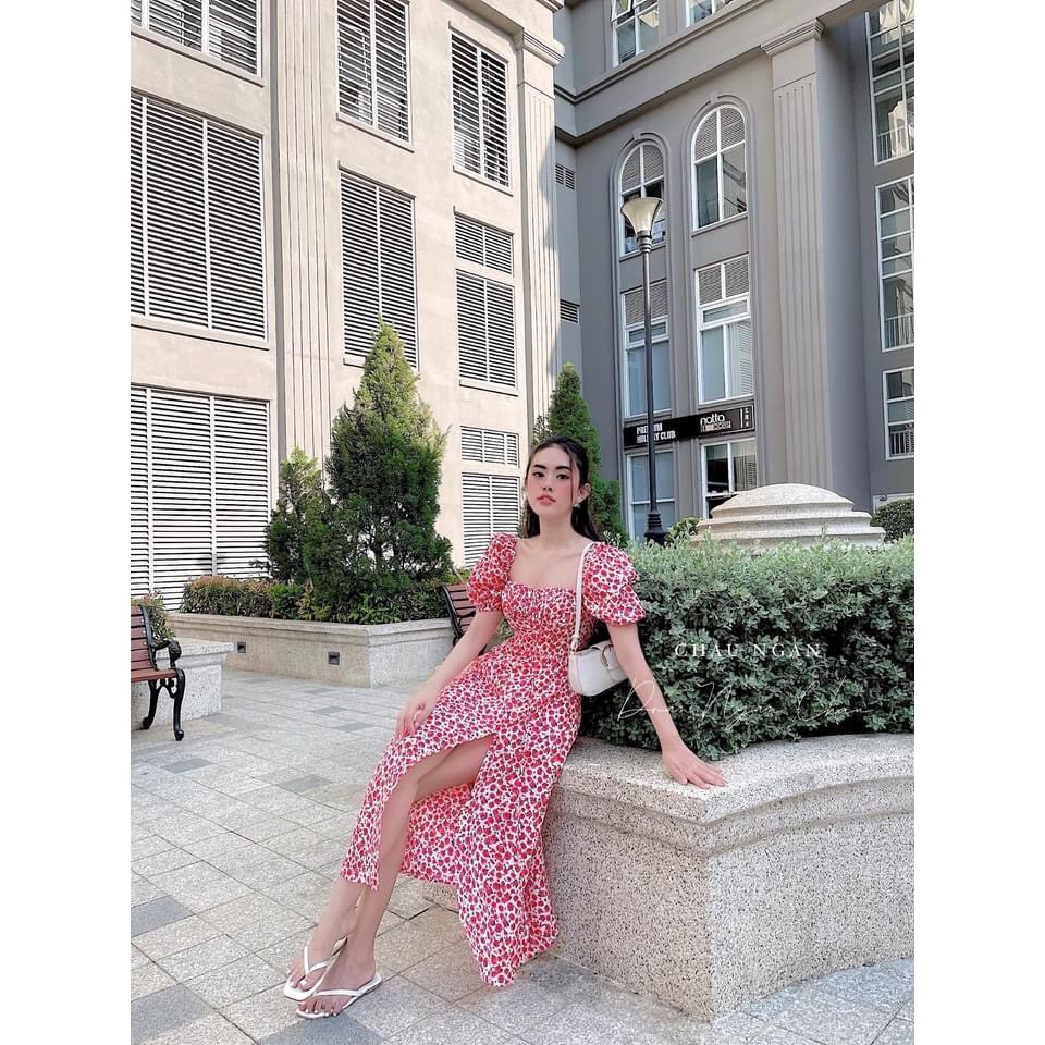 [Ảnh thật/video] Váy hoa nhí xẻ tà tay bồng Đầm maxi hoa nhí đi biển cực đẹp | BigBuy360 - bigbuy360.vn