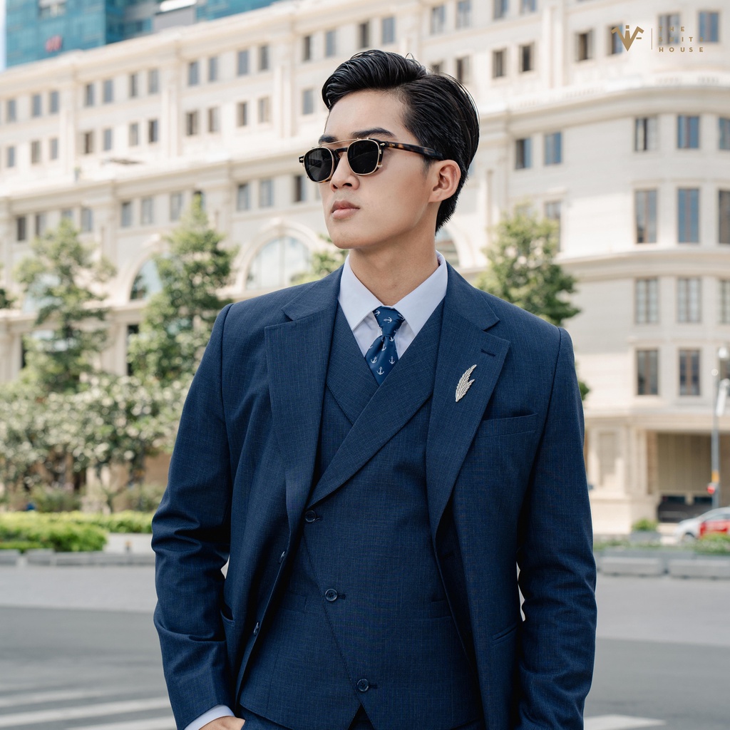 Bộ vest nam xanh gân phối gile, suits sartorial, chuẩn form The Suits House