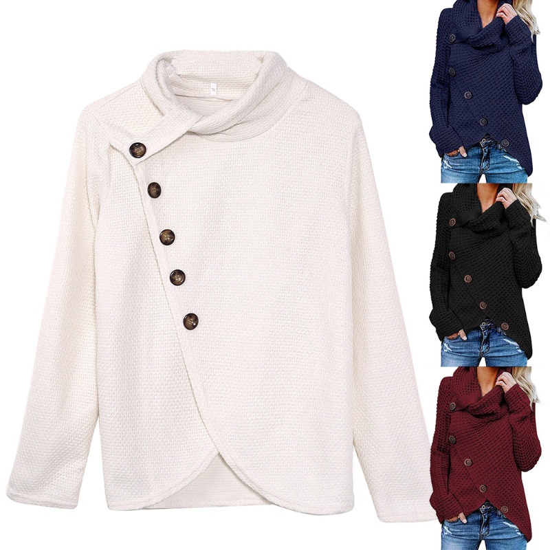 Xiangbao Áo Sweater Dệt Kim Chui Đầu Tay Dài Cổ Lọ Cài Nút Lệch Tà Thời Trang Thu Đông Cho Nữ