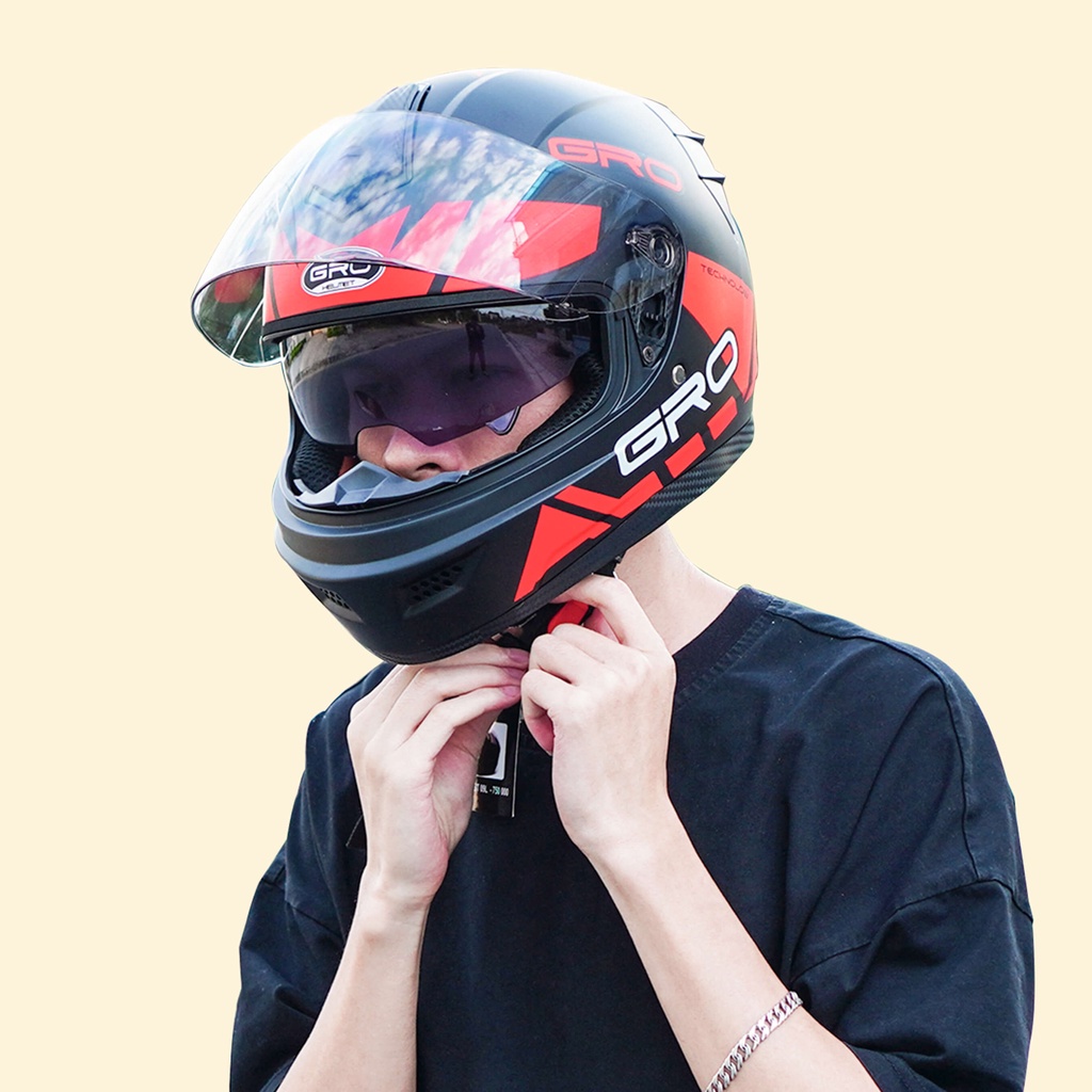 Mũ Bảo Hiểm Fullface GRO Helmet có kính chính hãng, thiết kế 2 kính, kiểu dáng mạnh mẽ cho nam - Xám Nhám