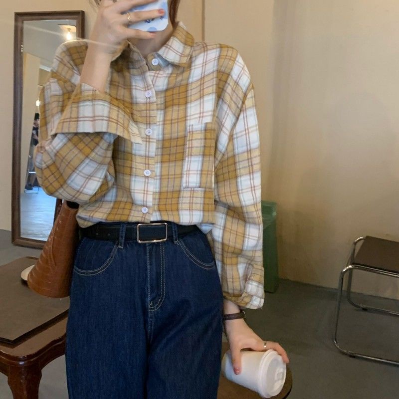 COZOK Áo Sơ Mi Dáng Rộng Kẻ Sọc Kiểu retro Hàn Quốc Dễ Phối Đồ