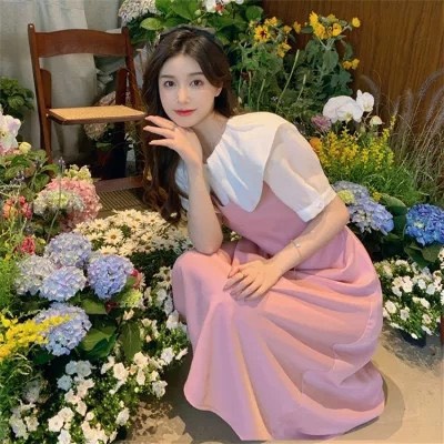 Váy đầm đen hồng cổ trắng xinh tay ngắn dáng dài nhẹ nhàng phong cách Hàn Quốc