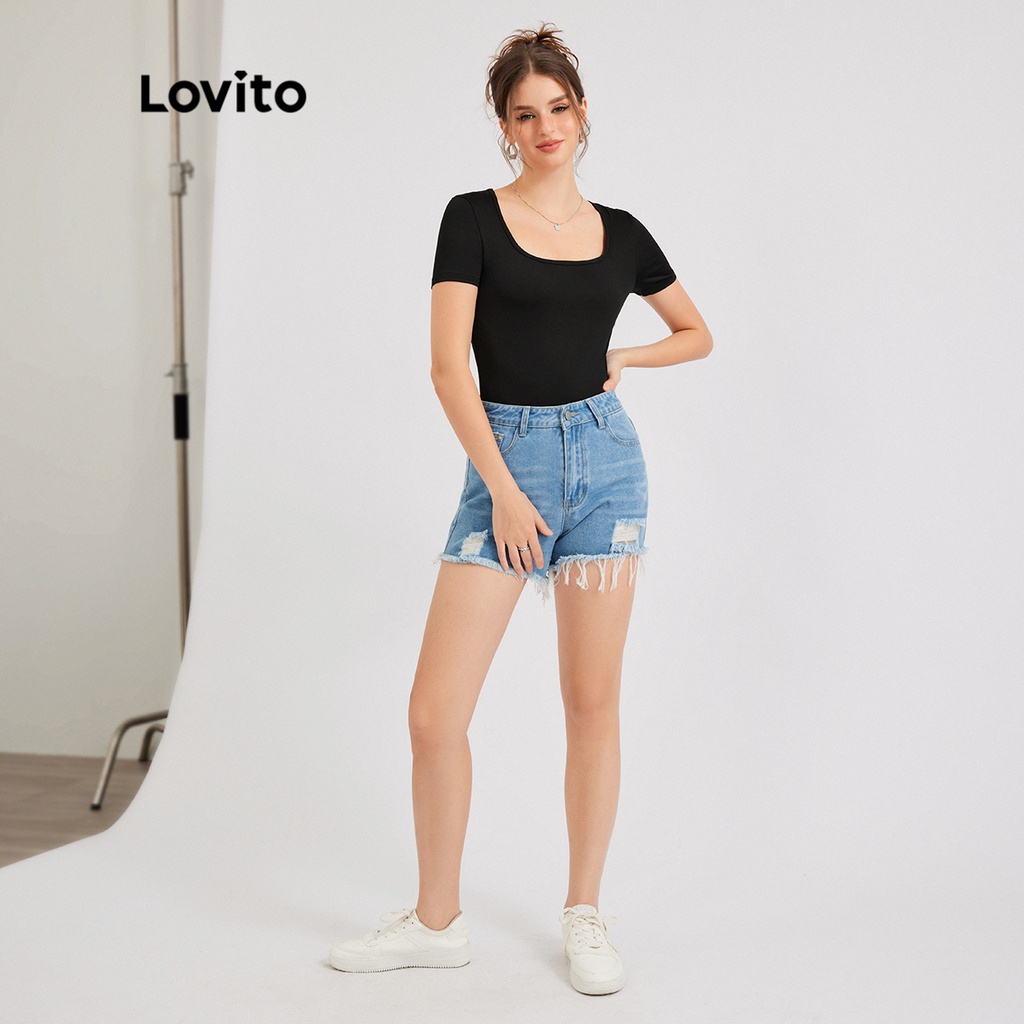 Áo liền quần Lovito Cổ trơn cơ bản giản dị Cổ vuông co giãn cao L30ED003 (Đen) | BigBuy360 - bigbuy360.vn