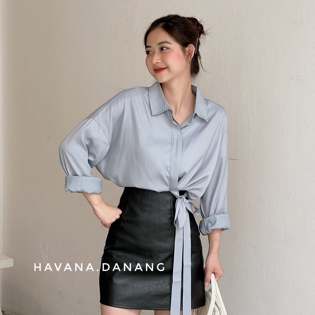 Áo sơ mi lụa nữ dài tay, sơ mi buộc eo mềm mịn freesize