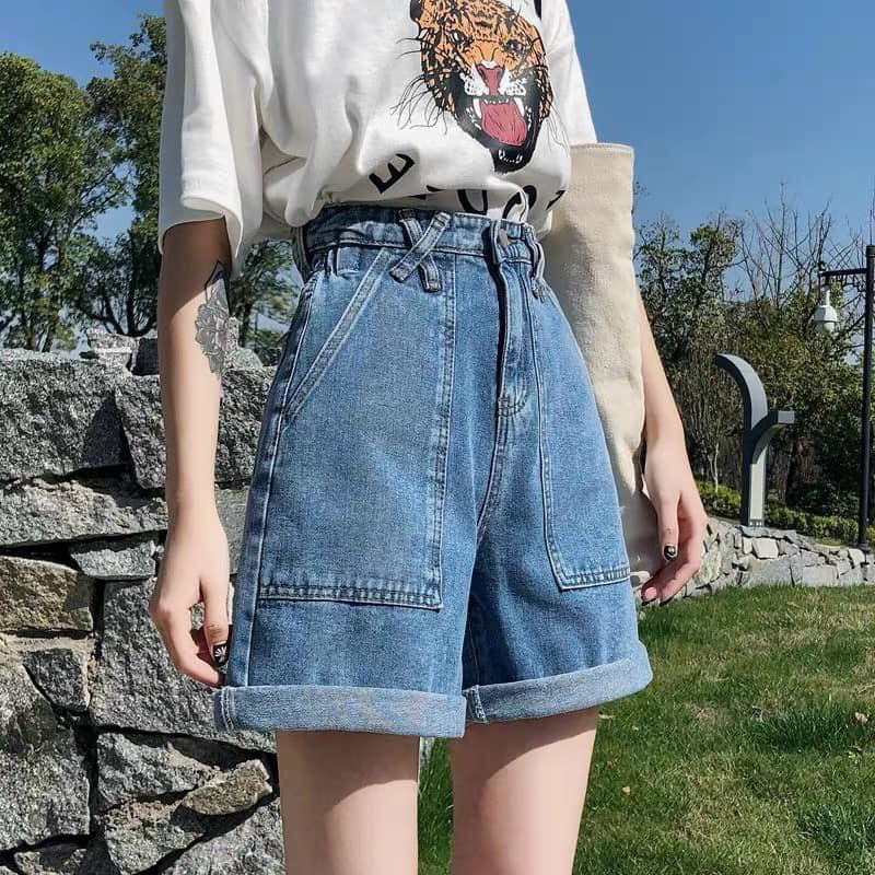 Quần short jean nữ trơn lưng cao ống rộng ulzzang/ Quần sooc bò ngố ống lửng phong cách hàn quốc_veestore