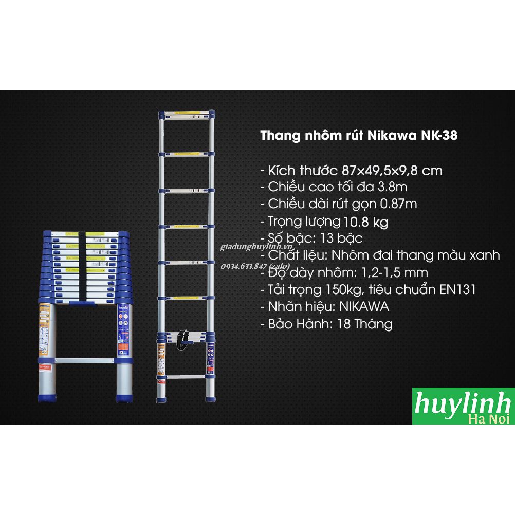 Thang nhôm rút đơn Nikawa NK-38 NEW - 3.8 mét - Tặng đệm cao su