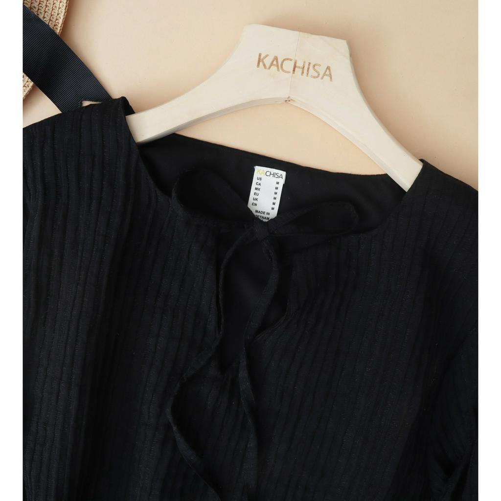 Áo kiểu nữ trung niên tay phồng form suông thoải mái, vải tơ gân màu đen phối nơ duyên dáng - KACHISA 969SQE