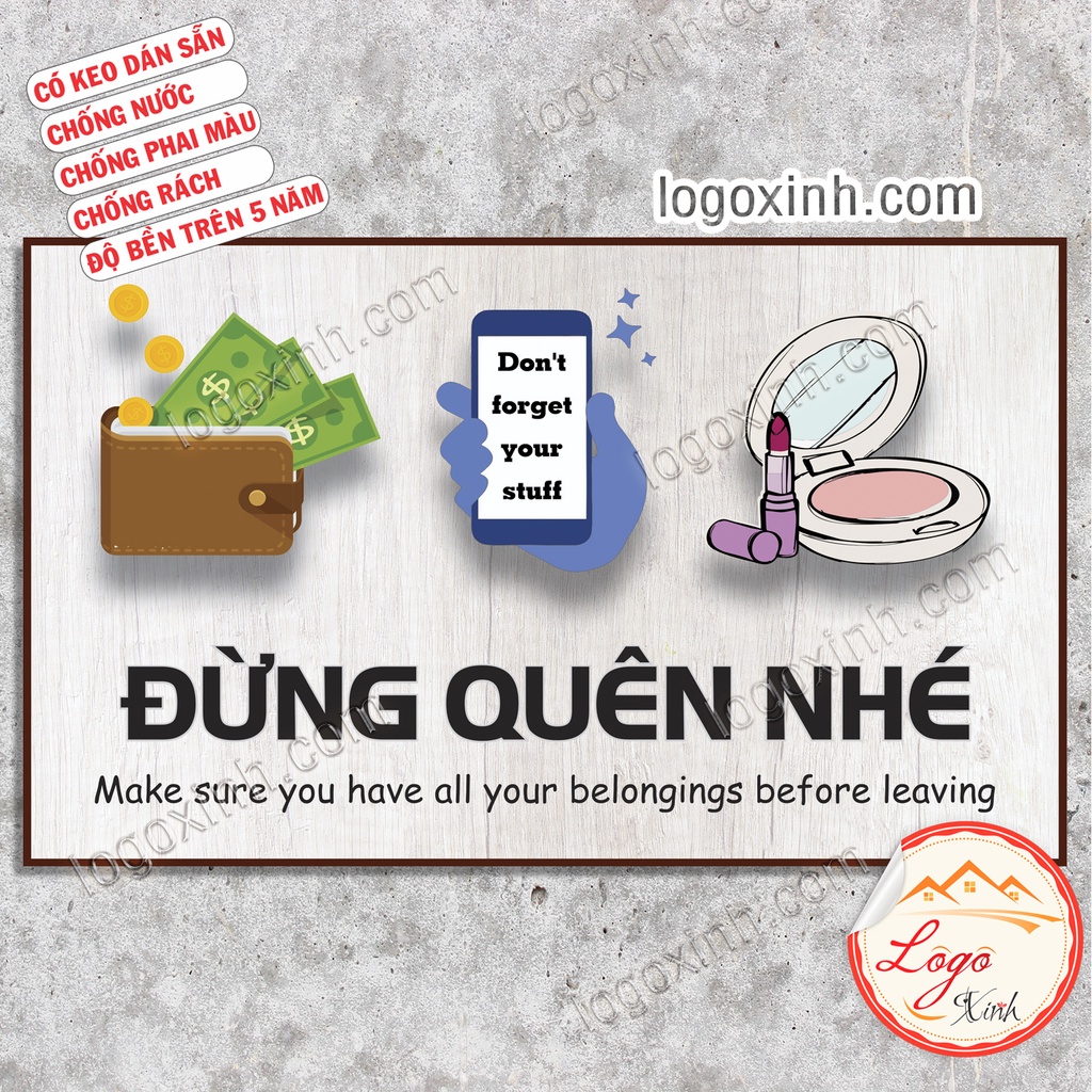 Logo Tem Sticker Nhắc Nhở Đừng Quên Đồ, Nhớ Kiểm Tra Lại Đồ Đạc Và Hành Lý Cá Nhân Trước Khi Rời Quầy Quán, Rời Xe....