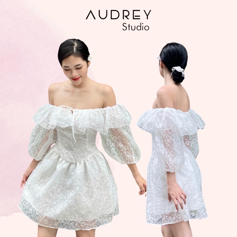 Đầm váy bèo trễ vai dáng xoè ngắn màu trắng - Audrey Studio