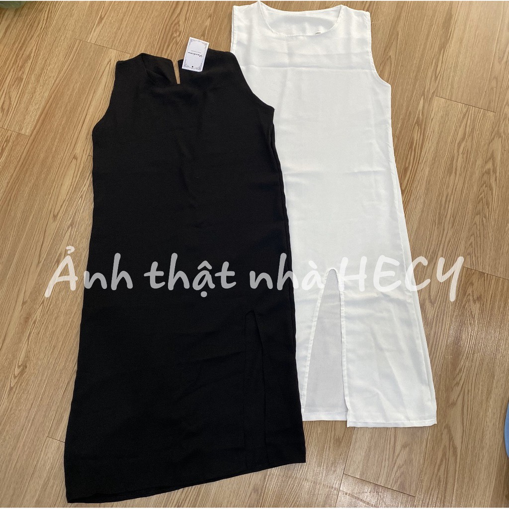 Váy Midi Nữ Cổ Tròn Xẻ Tà - Hecy.Clothing [FREESHIP] - Đầm suông dáng dài qua gối cổ tròn kín đáo, thiết kế đơn giản