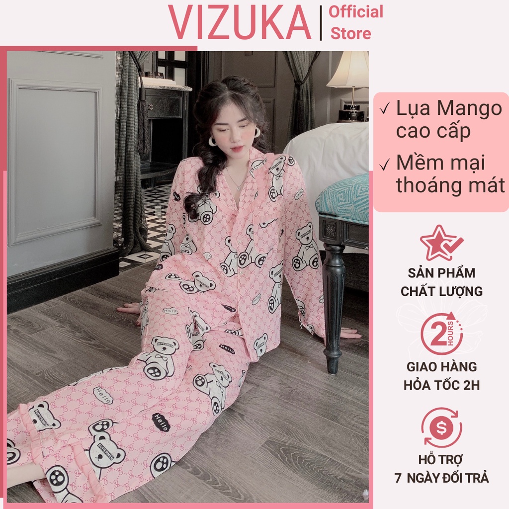 Đồ bộ pijama dài tay nữ lụa mặc nhà hoạ tiết dễ thương VIZUKA