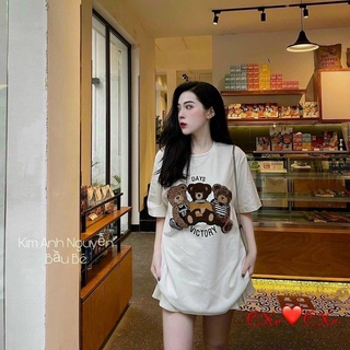  Áo phông - áo thun nữ tay lỡ freesize dáng dấu quần hình gấu thêu nổi đính đá cao cấp 