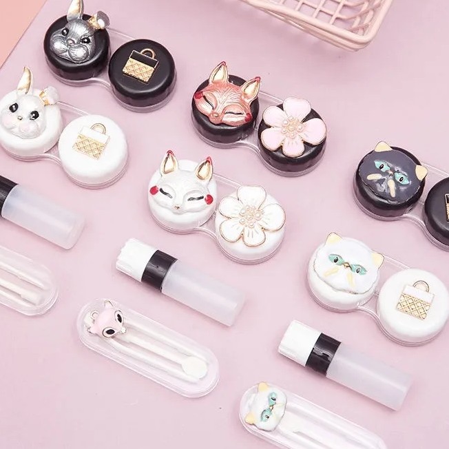 Hộp đựng kính áp tròng đôi in hình hoạt hình dễ thương đơn giản bảo quản an toàn dành cho nữ