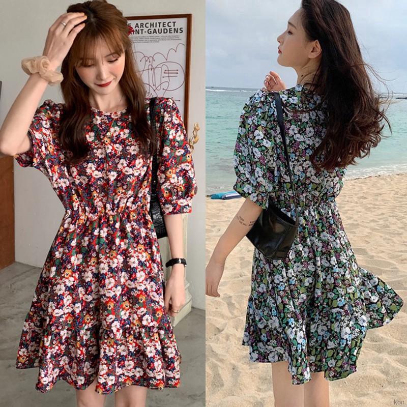 Đầm Tay Ngắn Hoạ Tiết Hoa Thiết Kế Cổ Tròn Thanh Lịch Dành Cho Nữ