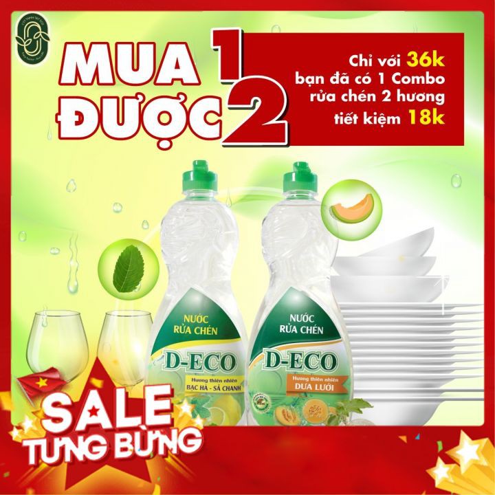 [DEAL SỐC MUA 1 TẶNG 1·]  Nước Rửa Chén Hương Thiên Nhiên - Bạc Hà - Sả Chanh - Dưa Lưới -  Loại 800ml - D- ECO