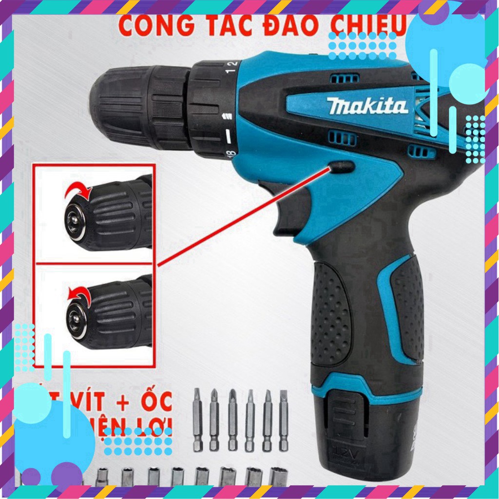 [Chính Hãng] Máy khoan pin makita 12V – KHOAN – BẮT VÍT – VẶN ỐC tặng kèm hộp 24 chi tiết . ]