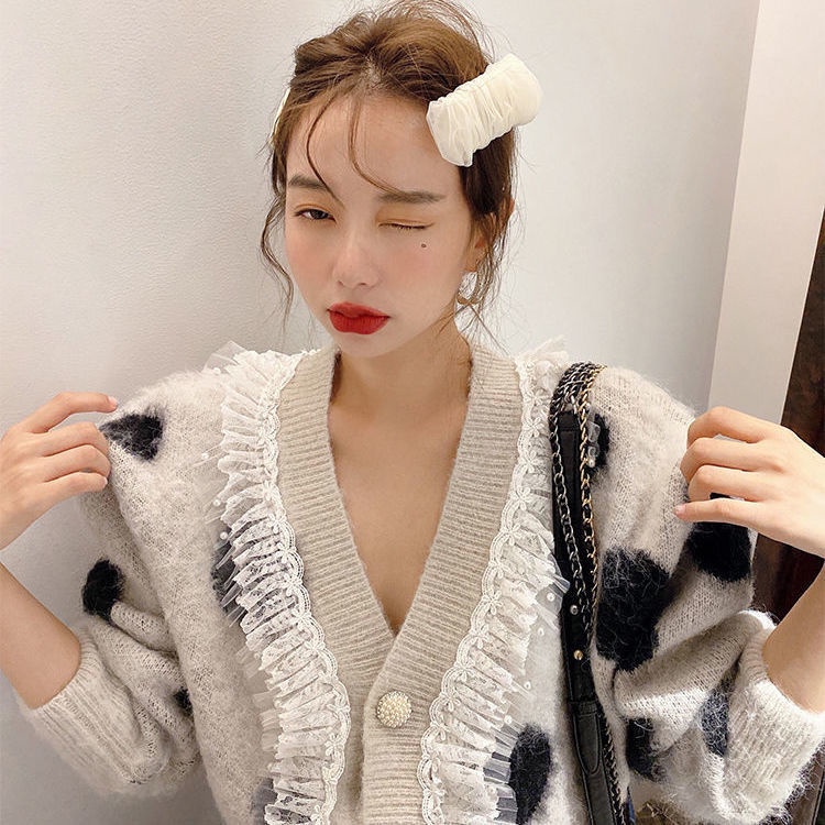 Áo khoác len cardigan ngắn dáng rộng phối ren thời trang mùa thu hàng mới dành cho bạn nữ 2021