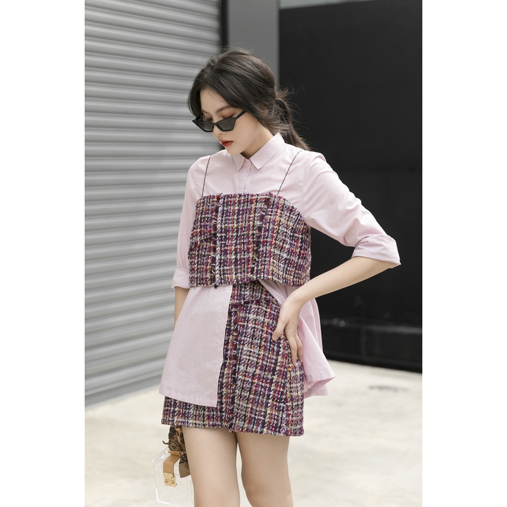Set áo sơ mi dài, áo crop bên ngoài + chân váy [XN5]