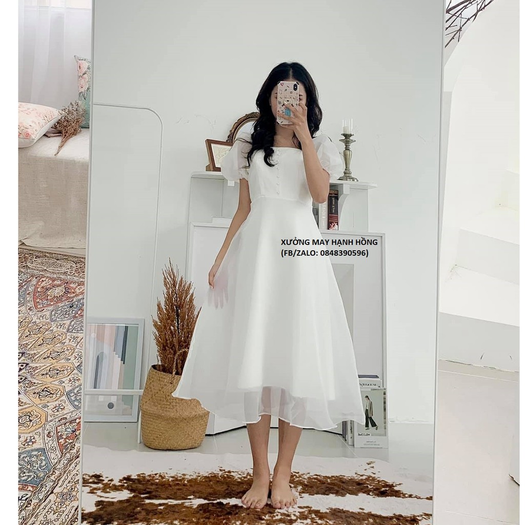 Váy trắng dự tiệc tiểu thư tay phồng cổ vuông, Váy công chúa trắng tay bồng có đệm ngực | BigBuy360 - bigbuy360.vn